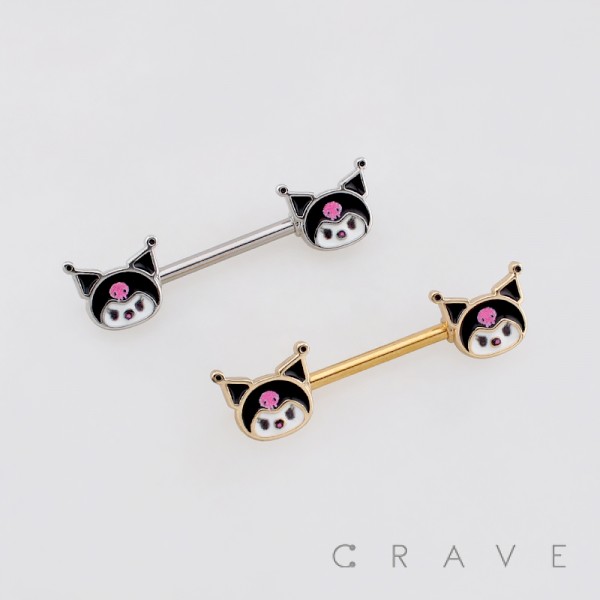 BLACK JESTER HAT PINK SKULL ENAMEL KUROMI 316L SURGICAL STEEL NIPPLE RING